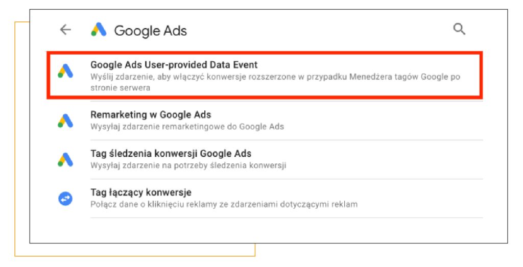 Google Ads User-provided Data Event - miejsce w panelu Google Ads