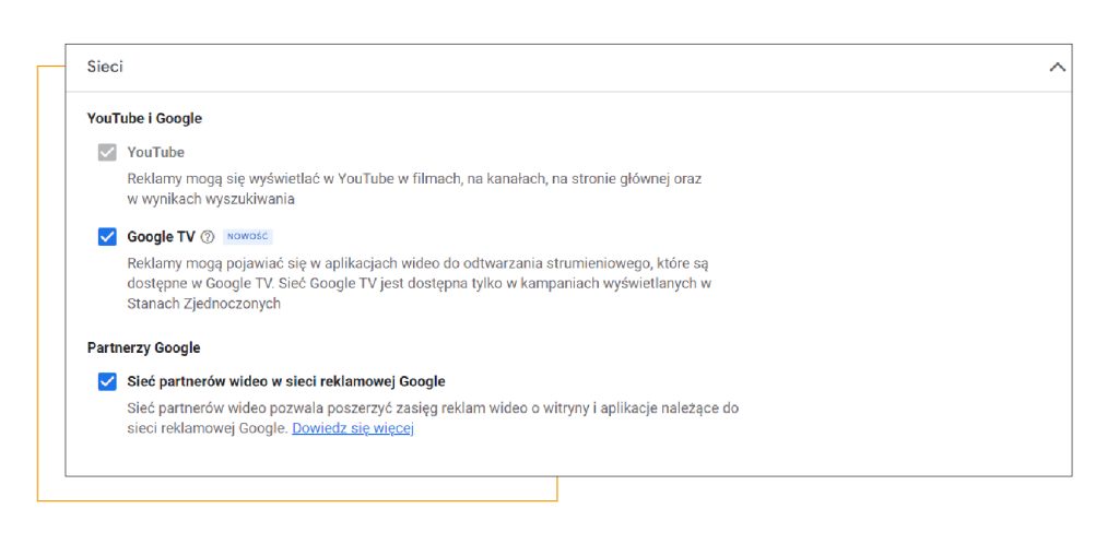 Screen Google Ads pokazujący gdzie wybrać sieć Google TV.