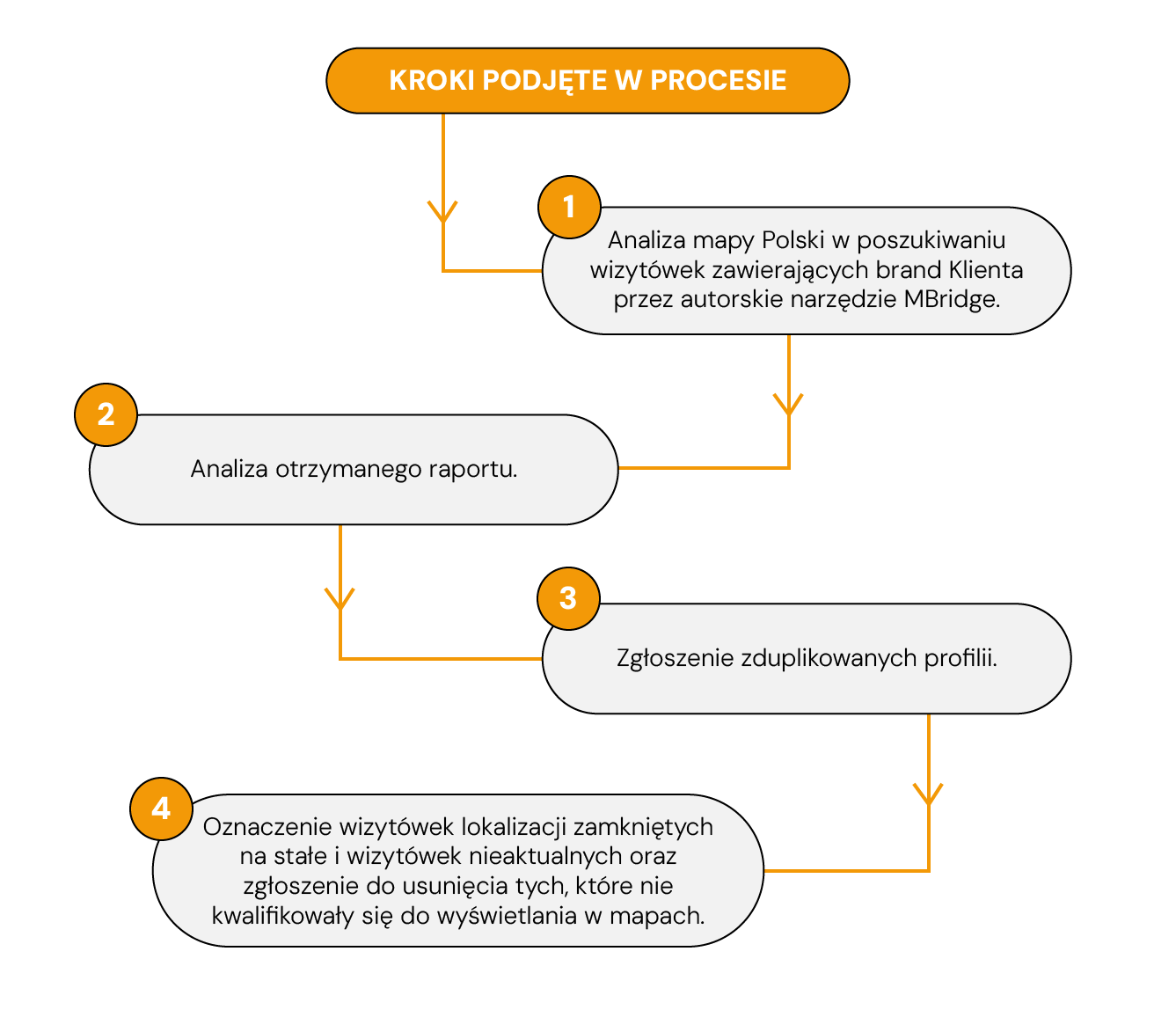 Infografika obrazująca podjęte kroki w procesie analizy i wykrywania duplikacji wizytówek w Google Maps