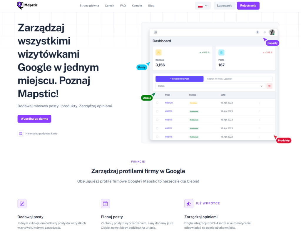 Screen strony Mapstic - przykład copywritingu sprzedażowego i UX writingu