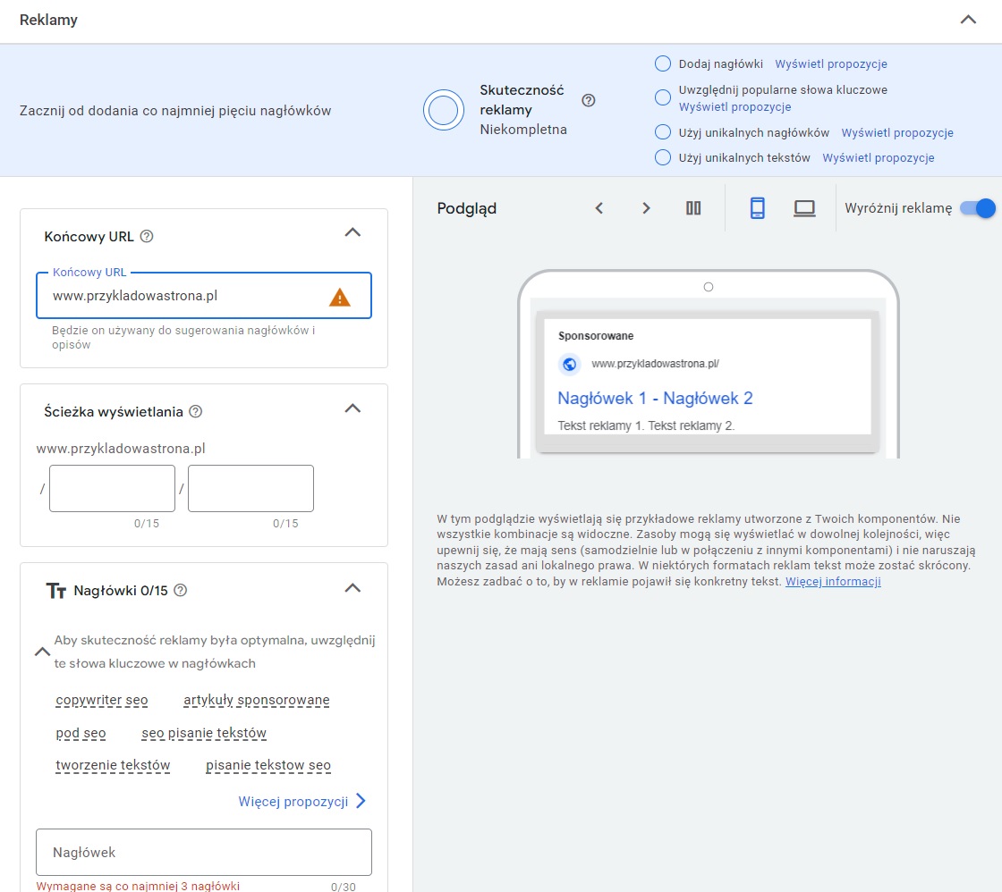 Ustawienia reklamy Google Ads - screeny