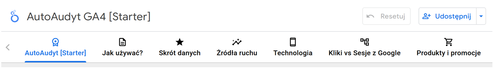 Instrukcja AutoAudytu GA4 [Starter] - screenshot z górną belką narzędzia