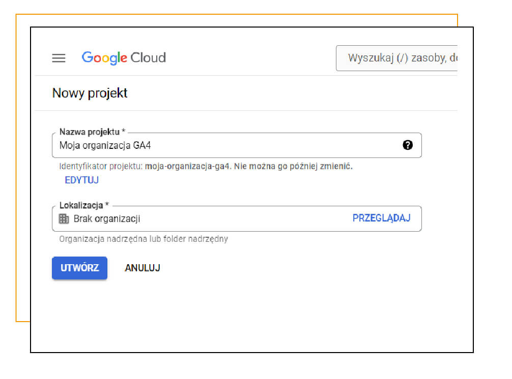 Założenie nowego projektu na platformie Google Cloud.